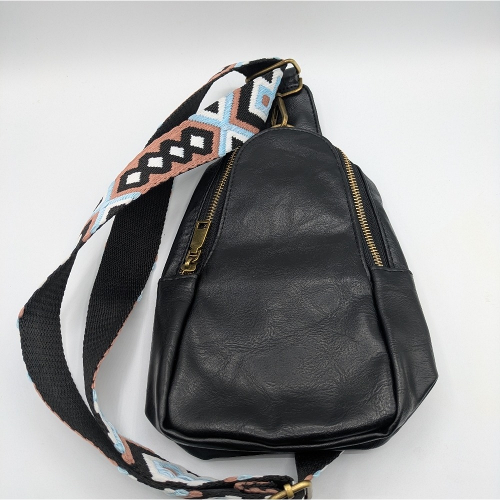 Black Vegan‎ Leather Crossbody Bag | Adjustable Guitar Strap-